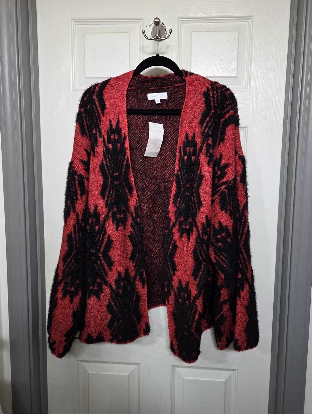 Red & Black Geometric Open-Front Fuzzy Oversized Cardigan Western Boho Fall XL